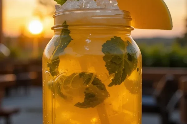 A chilled mason jar filled with bright yellow mango fizz, crushed ice, fresh mint, and a mango wedge, against a sunset patio backdrop.
