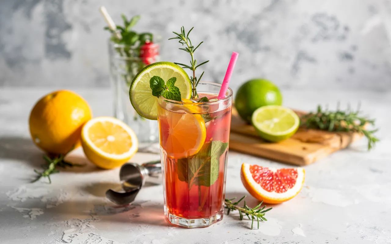 Fresh and vibrant mocktail garnished with herbs and citrus in a tall glass