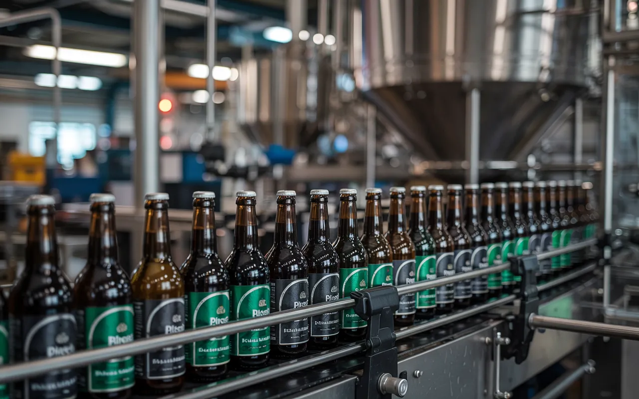 A modern production line at a large brewery showing rows of pilsner bottles being filled, capped, and labeled—conveying mass production and accessibility.