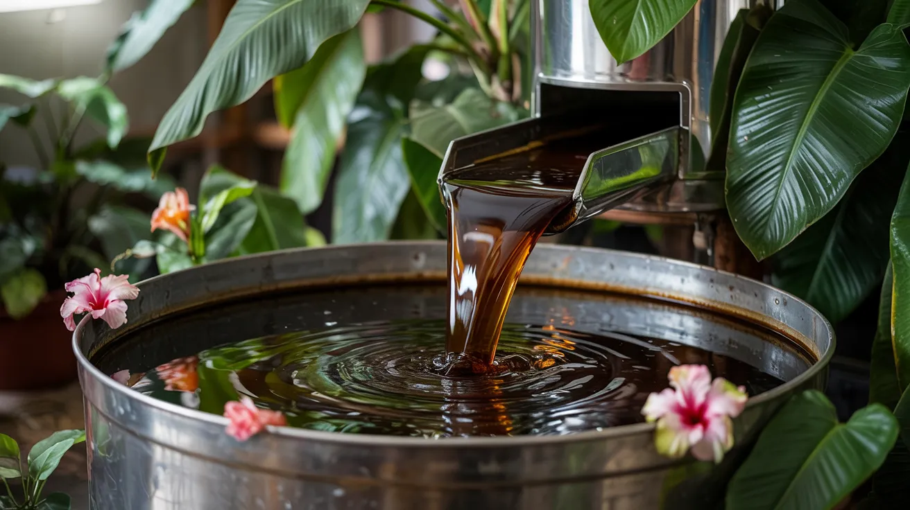 Close-up of thick, dark molasses being poured into a fermentation tank with tropical plants in the background