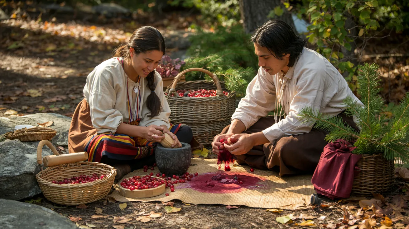 Illustration of Native Americans using cranberries for medicine, food, and dye.