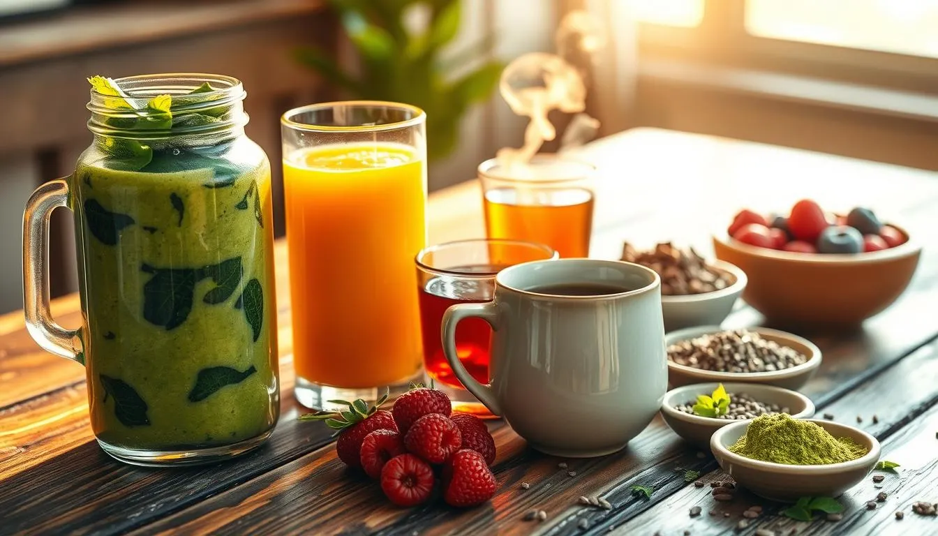 natural energy drinks including mean green machine, fruit juice, natural tea, moringa, fruit, and seeds