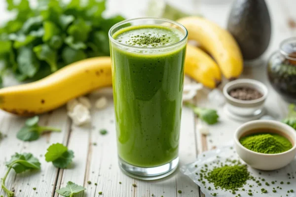 A tall glass of vibrant green smoothie placed on a clean, rustic wooden table, surrounded by fresh ingredients like spinach, kale, avocado, banana, chia seeds, and a scoop of green superfood powder. The scene is brightly lit with natural light to emphasize the smoothie’s freshness, wellness appeal, and nutrient density.