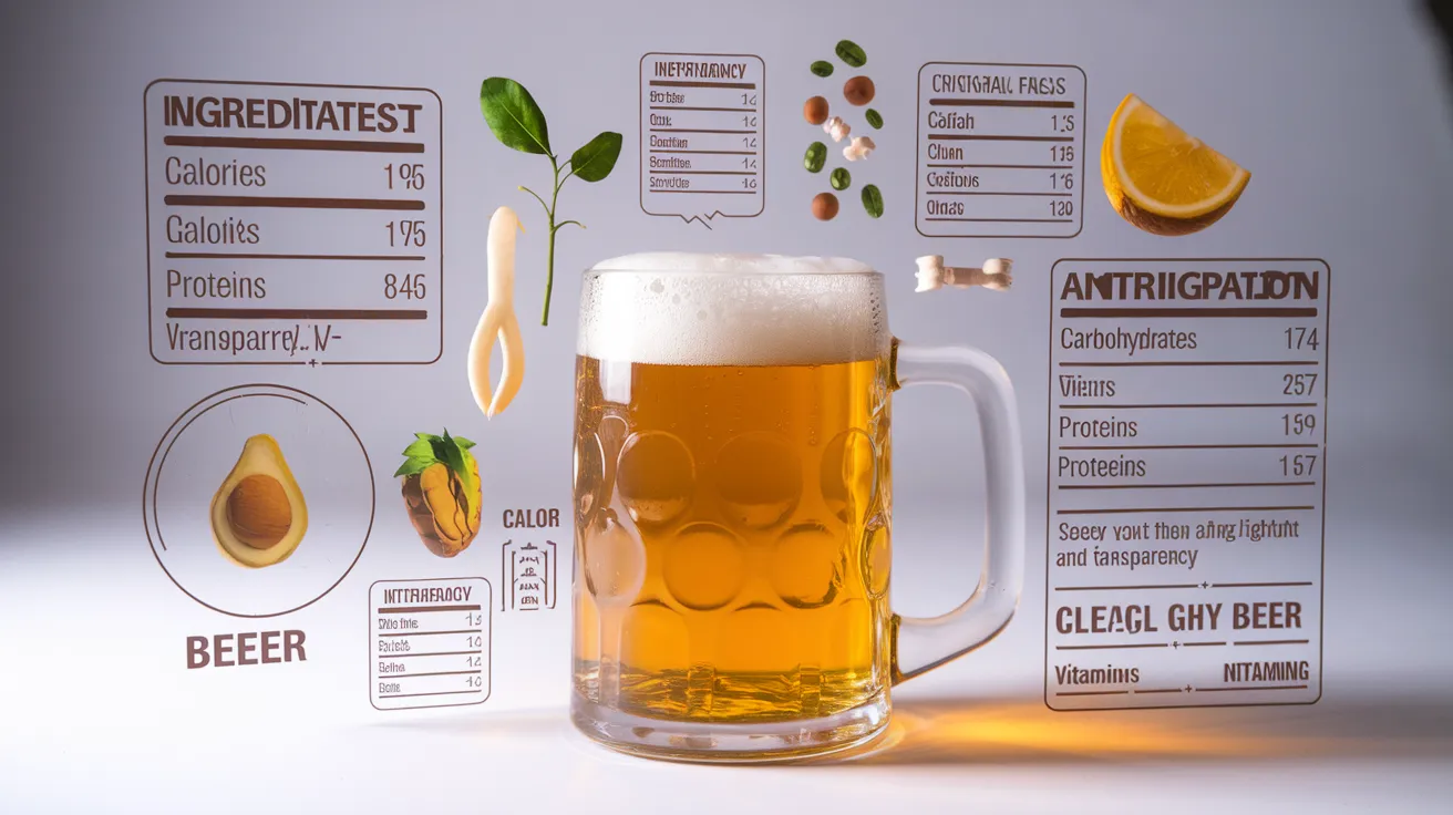 a clear glass beer mug filled with golden lager beer on a white background, with nutritional facts and ingredient labels floating around it, showcasing calories, carbohydrates, proteins, and vitamins present in beer, all in a clean, infographic style with soft lighting to highlight the beer's color and transparency.