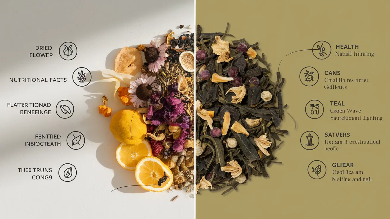a split-screen comparison showing herbal tea ingredients (dried herbs, flowers, and fruits) on the left and green tea leaves on the right, with nutritional facts and health benefit