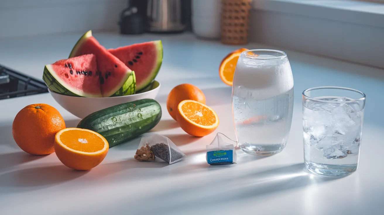 a kitchen counter with various hydrating foods and drinks arranged neatly, including sliced watermelon, cucumber, oranges, coconut water, herbal tea, and a glass of water with ice, all set against a light, airy background with soft natural lighting to emphasize freshness and health.