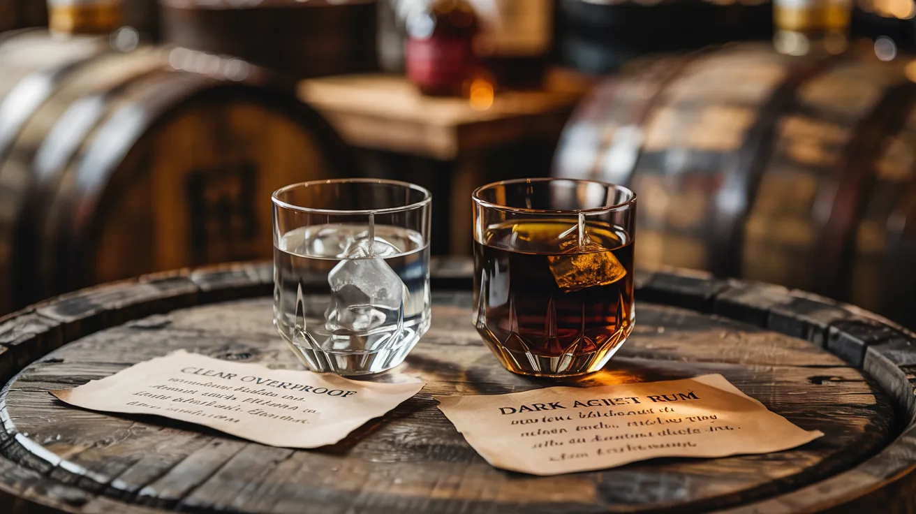 Two glasses—one of clear overproof rum and one of dark aged rum—set against aged wooden barrels with tasting notes handwritten on cards.