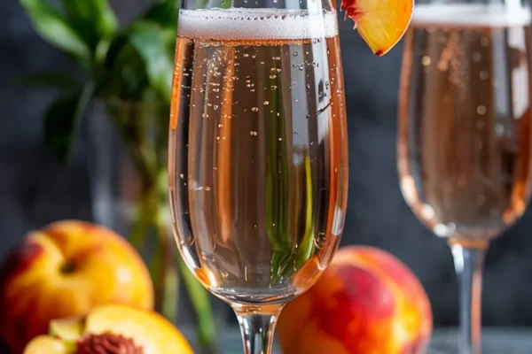 A champagne flute filled with a soft peach-orange sparkling drink, lightly frothy at the top. Garnished with a fresh peach slice on the rim and bubbly fizz rising through the glass.