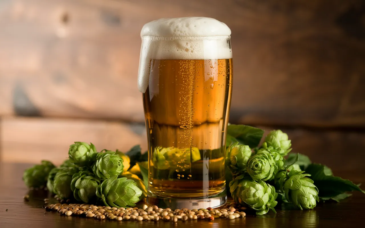 A close-up of a pilsner glass showing its brilliant clarity, fine bubbles, and white head, with a backdrop of Saaz hops and light malt grains