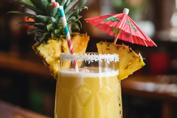 A frosty glass with a creamy yellow tropical drink, topped with pineapple wedges and a paper umbrella. Coconut shavings dust the rim, and a striped straw peeks out of the drink.