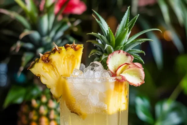 A fizzy golden pineapple mocktail served in a clear highball glass, garnished with a pineapple wedge and a slice of ginger, against a tropical backdrop.
