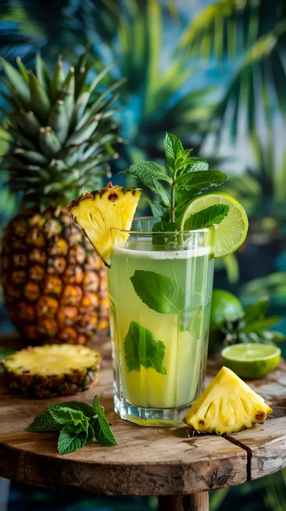 A light yellow-green juice in a chilled glass, garnished with fresh mint and a slice of lime on the rim.