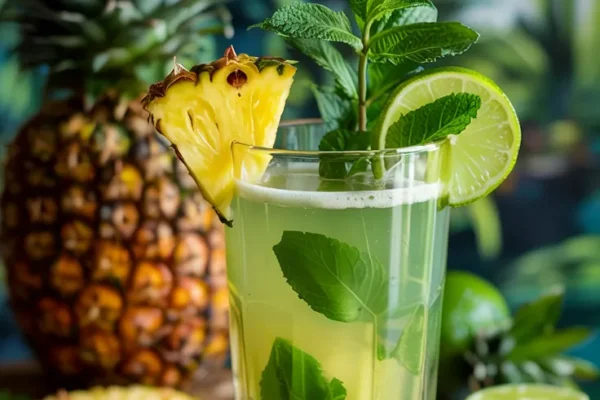 A light yellow-green juice in a chilled glass, garnished with fresh mint and a slice of lime on the rim.