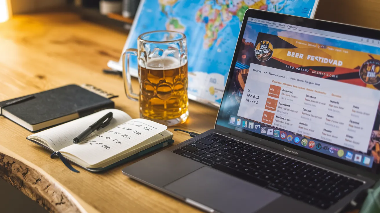 a laptop screen showing a travel planning website with beer festival listings, surrounded by a notebook with scribbled dates, a world map with pinned locations, and a partially visible beer mug in the foreground