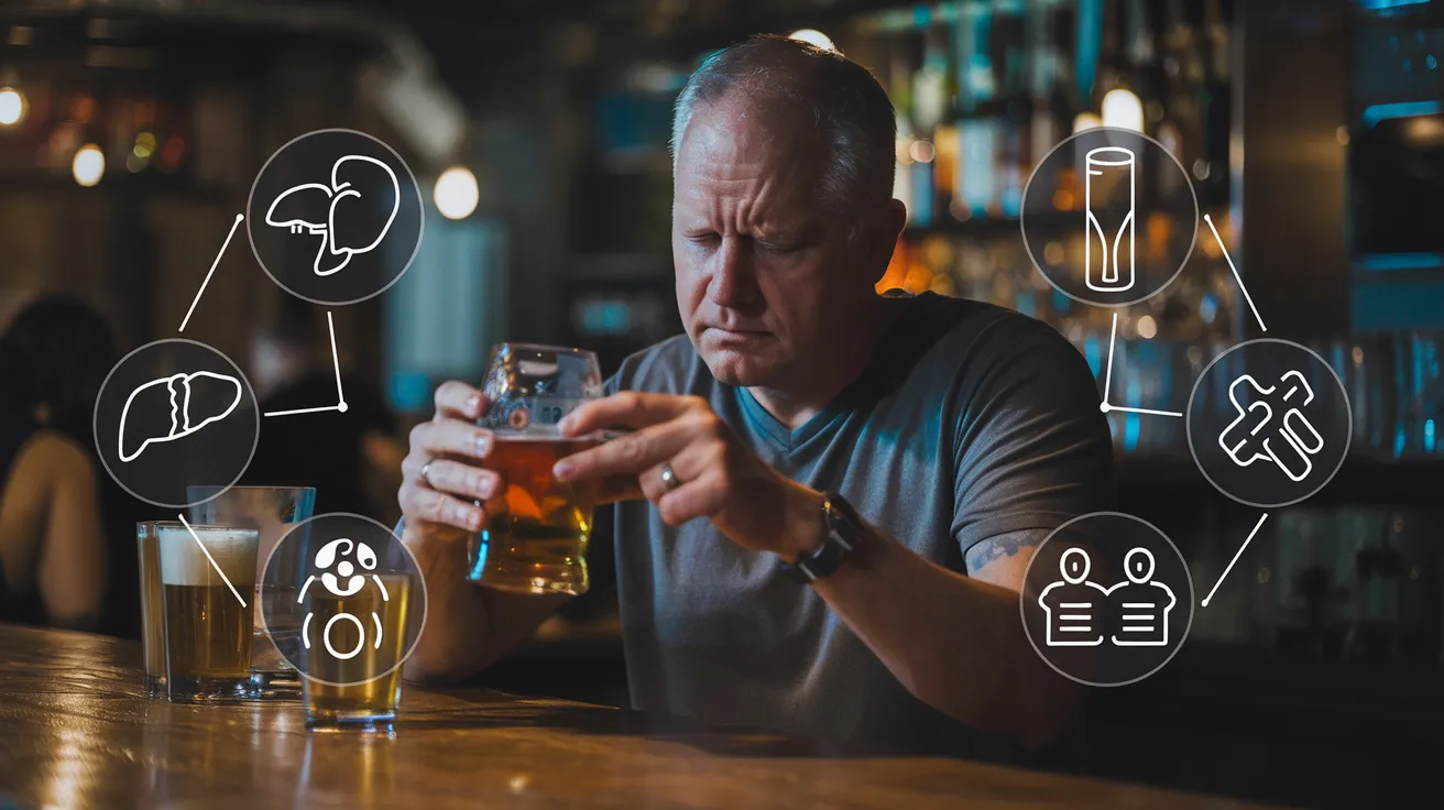 an individual examining a half-empty beer glass, surrounded by informative graphics displaying potential health risks and side effects of alcohol consumption, including liver damage, increased blood pressure, and weight gain icons.