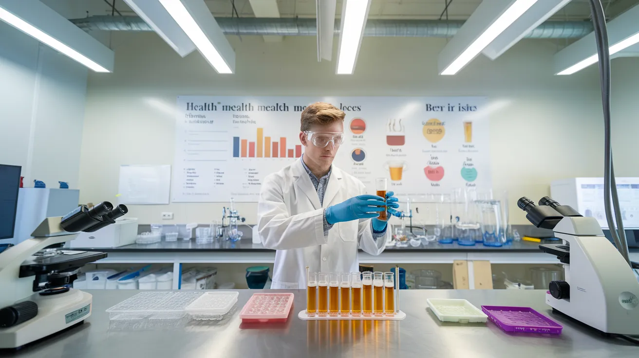 a laboratory setting with a scientist in a lab coat examining a test tube filled with amber-colored beer, surrounded by scientific equipment like microscopes and petri dishes, with a large poster on the wall displaying various health