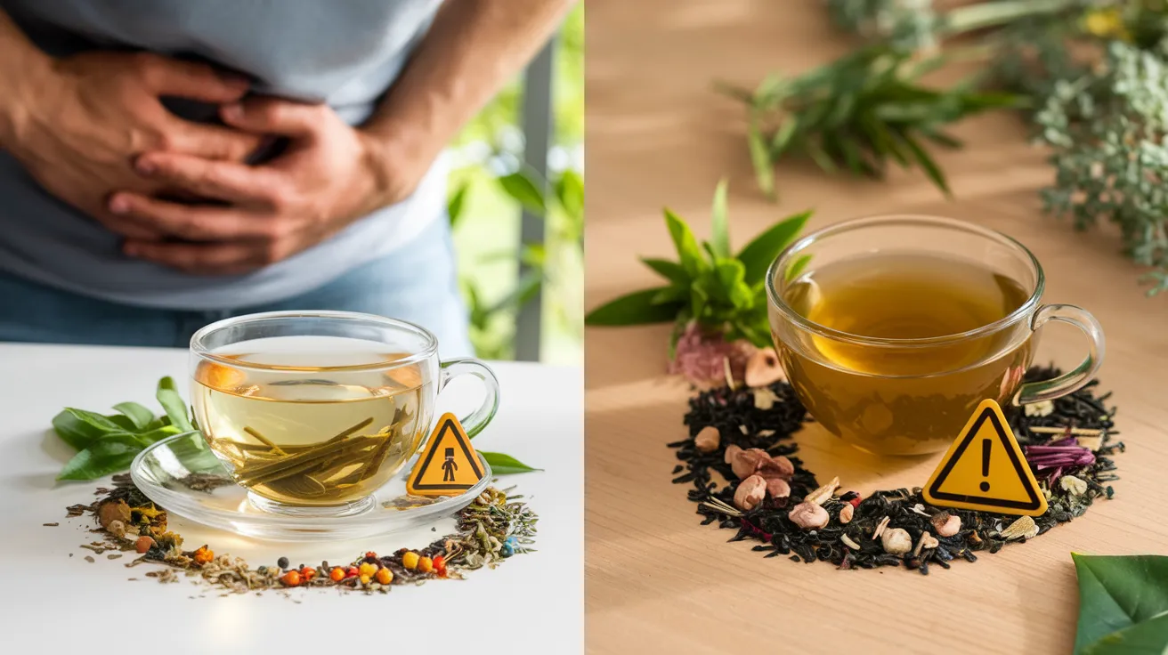 a split-screen layout showing two teacups, one with herbal tea and one with green tea, surrounded by various herbs and tea leaves. On either side of the cups, place small warning signs or caution symbols. In the background, include a blurred image of a person holding their stomach, suggesting discomfort. 