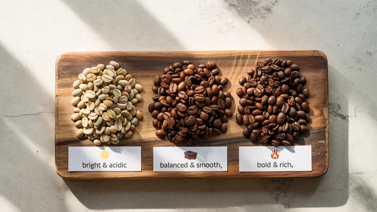 A horizontal visual spectrum showing light, medium, and dark roasted coffee beans side by side in small bowls or laid out on a clean wooden board