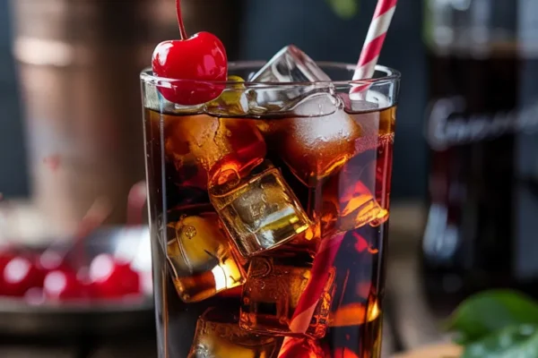 A tall glass filled with ice, dark cola, and a splash of grenadine, garnished with a maraschino cherry and served with a striped straw on a rustic wooden table.