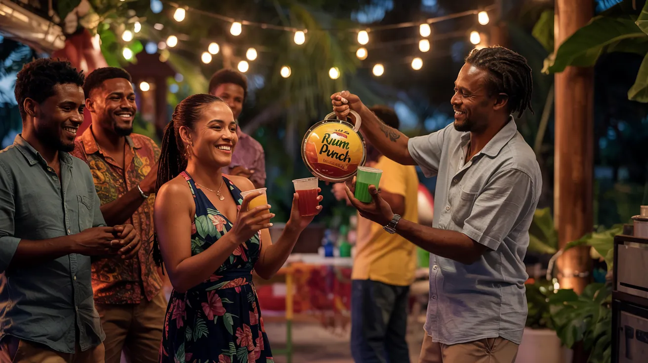 A festive scene of locals at a celebration pouring rum punch and dancing to reggae music under string lights