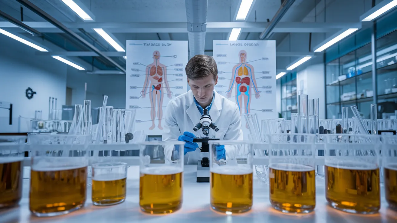 a scientific laboratory with a researcher in a lab coat examining a microscope slide, surrounded by beakers filled with amber-colored liquid resembling beer. In the background, a large poster displays diagrams of the human body with labels pointing to various organs affected by alcohol consumption