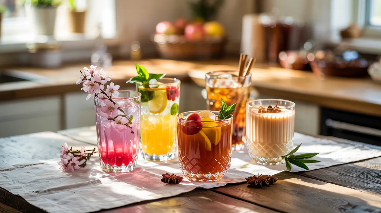 seasonal-themed mocktail glasses styled with garnishes—spring floral, summer citrus, fall harvest, winter spice