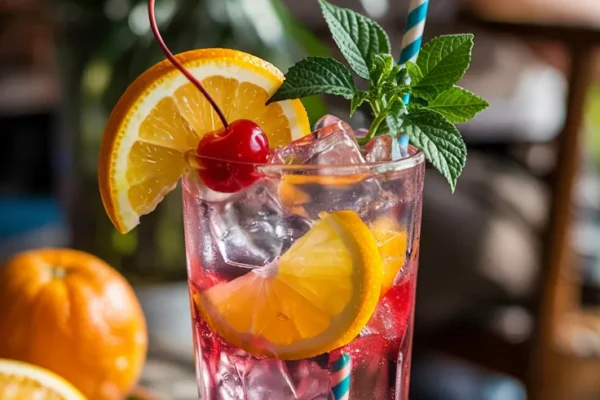 A tall glass of Shirley Temple mocktail with ice, lemon-lime soda, a bright splash of grenadine, orange slice and cherry garnish, served on a sunny patio table.