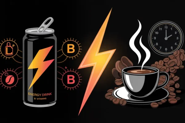 A visually engaging split-screen layout: on the left, a sleek energy drink can with glowing icons representing caffeine and B-vitamins; on the right, a steaming cup of coffee surrounded by coffee beans and a clock. In the center, a lightning bolt symbolizes the energy boost both provide.