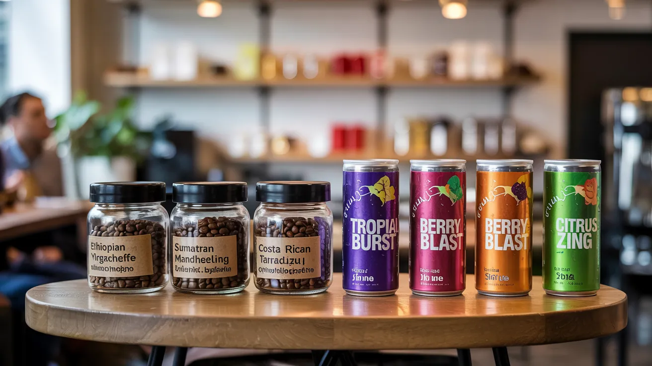 comparison of flavor options (coffee beans and flavored drink cans