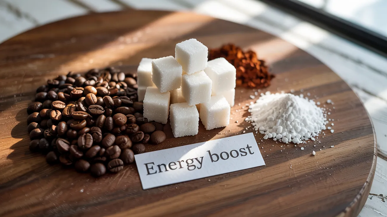 ingredients side-by-side: coffee beans, taurine, guarana, and sugar cubes