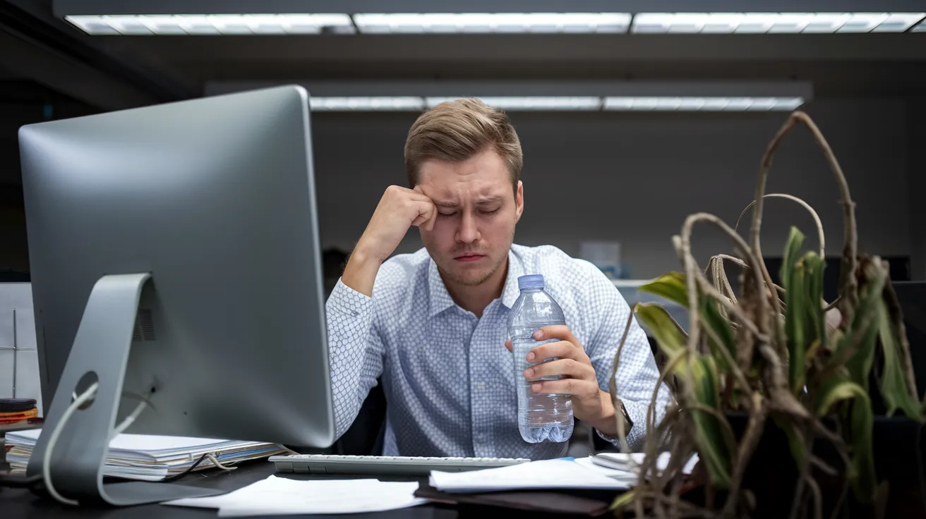 a tired-looking person office worker, sitting at a desk with a computer, rubbing their temples with one hand while holding an empty water bottle