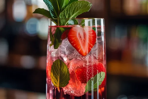 A tall, clear glass filled with a sparkling pink drink, garnished with fresh mint leaves and a slice of strawberry. Ice cubes shimmer through the fizzy layers.