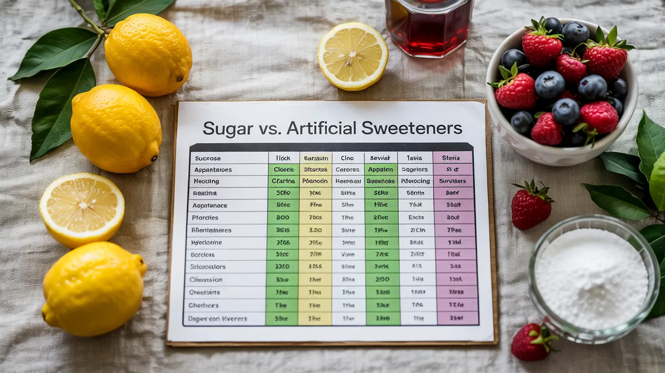 Table-style image comparing sugar vs artificial sweeteners and their effects. 