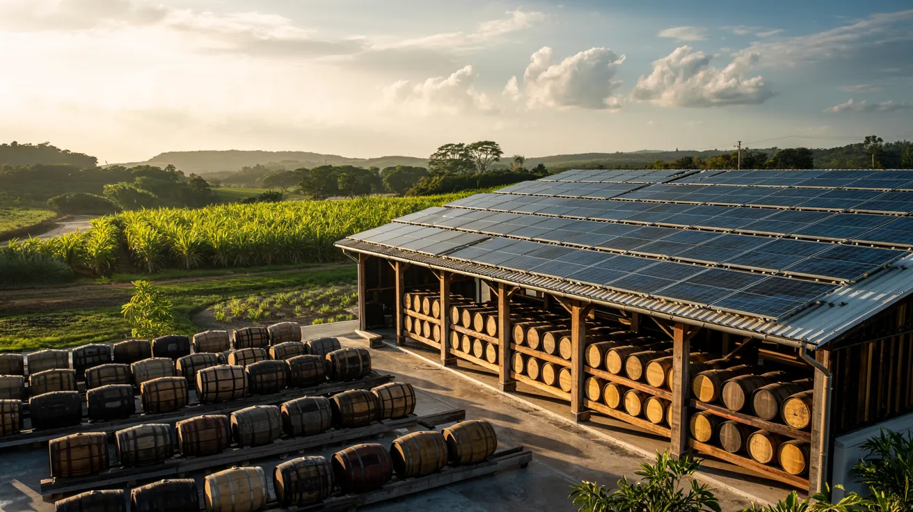 Solar panels atop a rum distillery, with sugarcane fields in the background and barrels arranged for aging