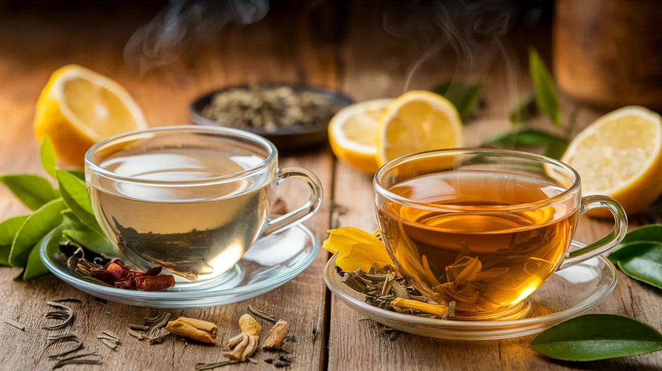 a rustic wooden table with two teacups side by side, one filled with light green tea and the other with golden herbal tea, steam rising from both, surrounded by scattered tea leaves, dried herbs, and sliced lemon, with warm, natural lighting highlighting the vibrant colors and textures of the teas and ingredients.