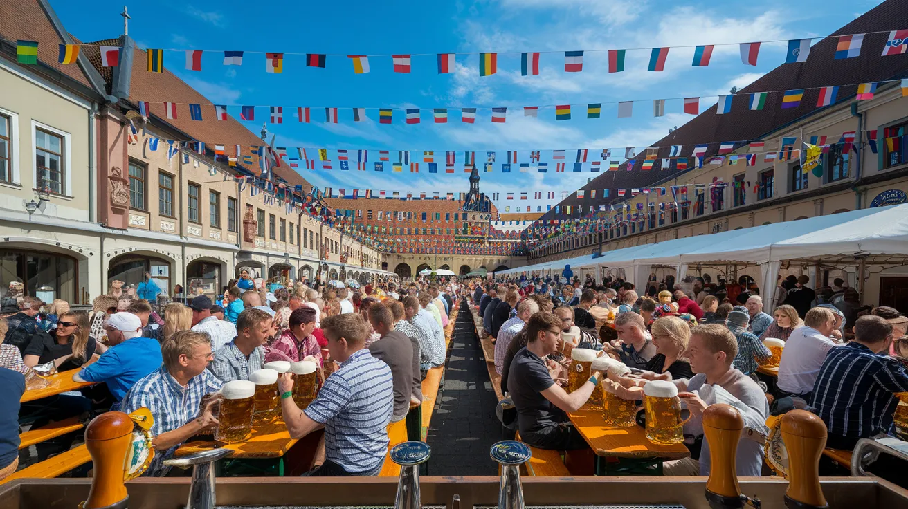 a lively European beer festival scene with rows of wooden tables filled with diverse patrons enjoying large beer steins, colorful flags representing different European countries hanging overhead