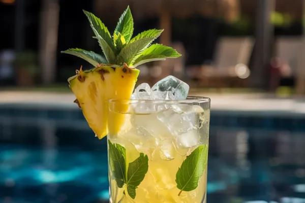 A vibrant highball glass filled with golden liquid, topped with crushed ice, pineapple wedge, and mint sprig. Sunny poolside background with blurred palm trees.