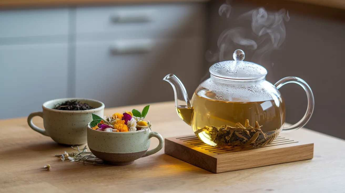 two ceramic cups, one containing green tea leaves and the other filled with colorful herbal tea ingredients like chamomile flowers, peppermint leaves, and rose petals, alongside a glass teapot filled with steaming golden liquid