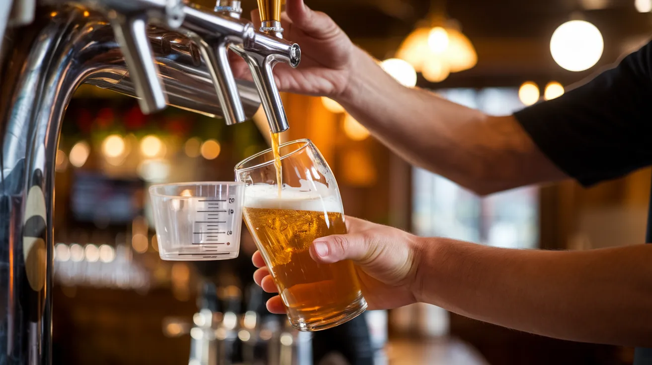a bartender's hand pouring a golden beer from a tap into a half-filled pint glass, with a small measuring cup visible nearby, set against a blurred background