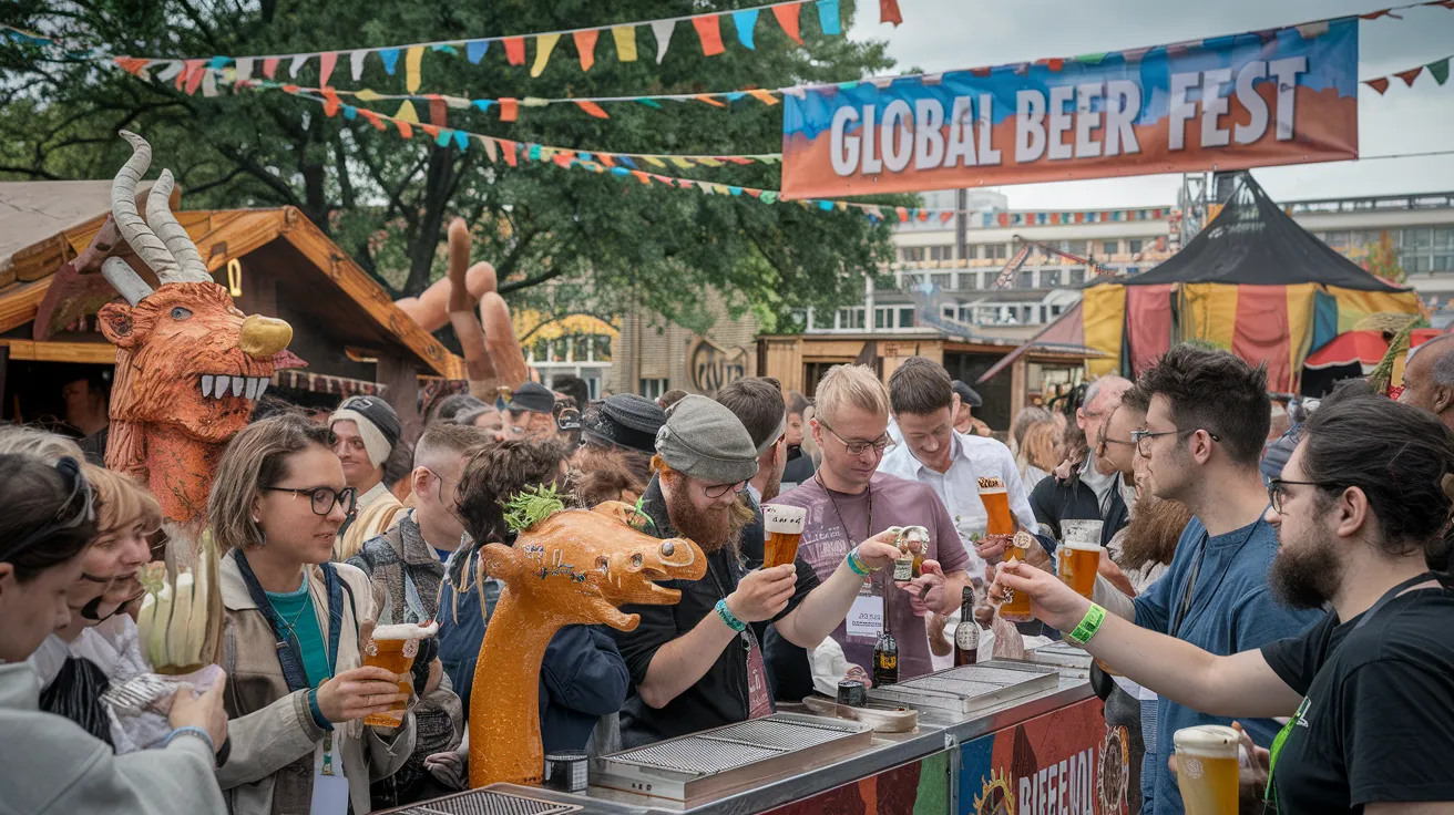 a lively outdoor beer festival scene with diverse attendees, featuring unique beer taps shaped like mythical creatures, colorful international flags hanging overhead, and creative beer-themed food stalls in the background. 