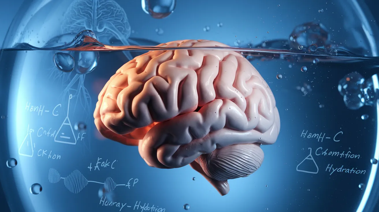 a close-up view of a human brain floating in clear water, with visible water molecules surrounding it. The brain should appear hydrated and healthy, with a slight glow emanating from it. In the background, faint diagrams of neural pathways and chemical formulas related to hydration are visible. The lighting should be soft and blue-tinted, creating a scientific and serene atmosphere.