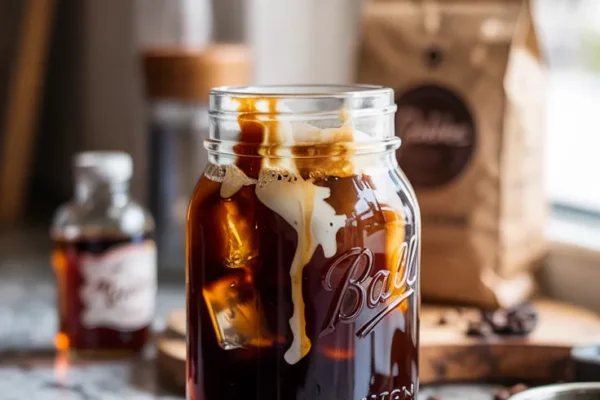 A mason jar of dark cold brew coffee with visible ice cubes, drizzled maple syrup, and a swirl of creamy milk. A small bottle of vanilla extract and roasted beans sit nearby on a countertop