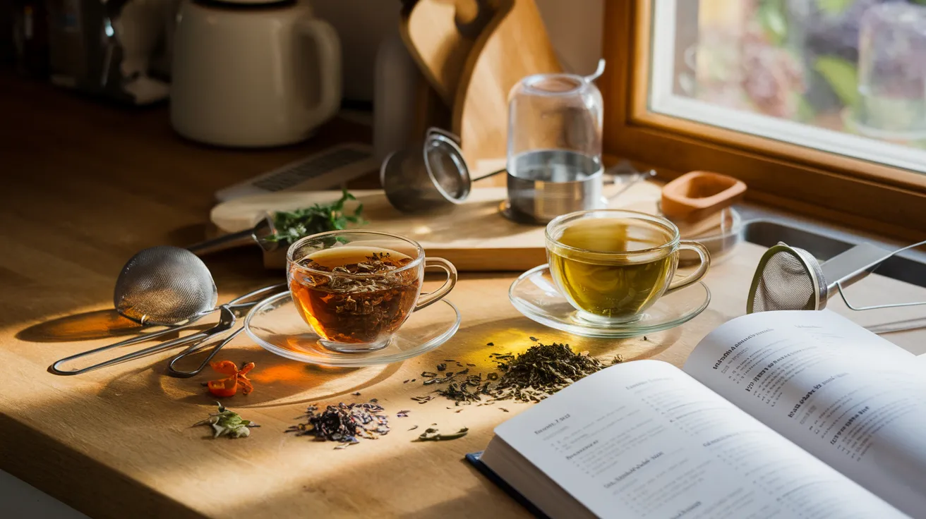 two cups, one containing herbal tea and the other green tea, surrounded by various herbs, tea leaves, and preparation tools like infusers and strainers, with a recipe book open nearby