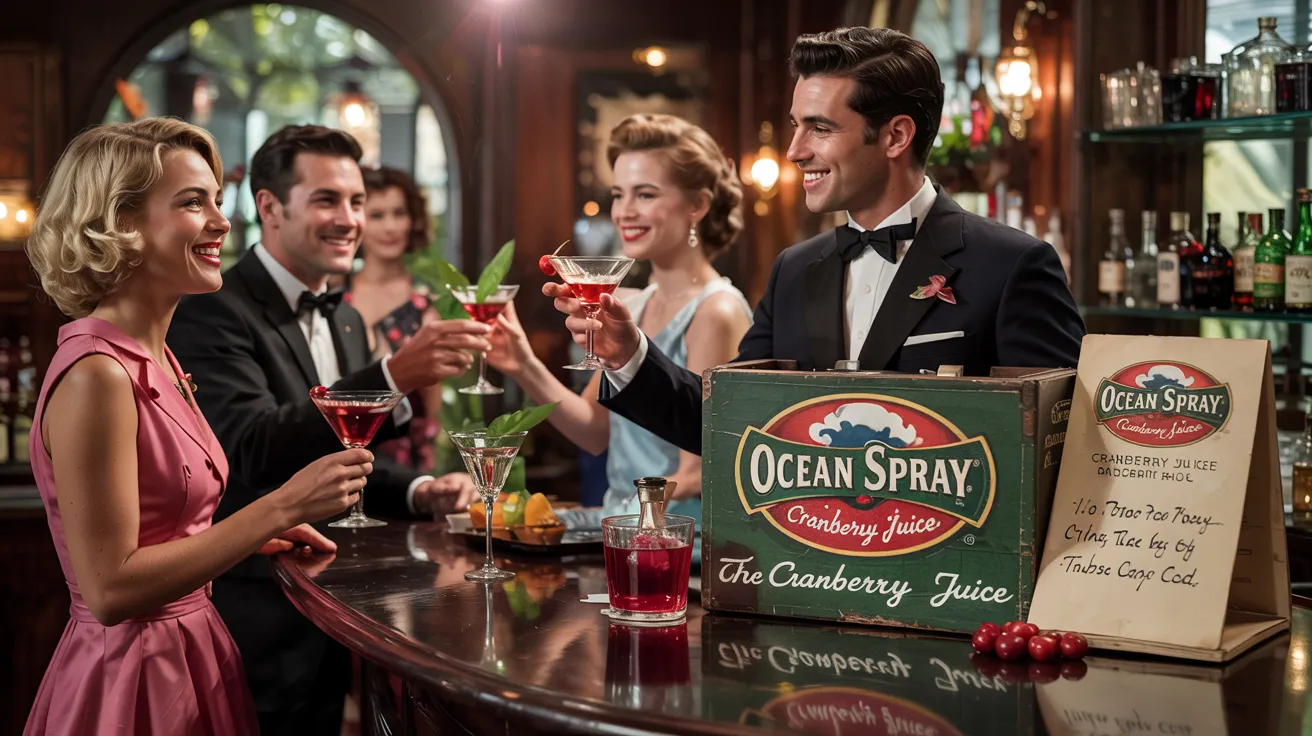 Vintage ad showing the rise of cranberry juice in cocktails with Ocean Spray branding.