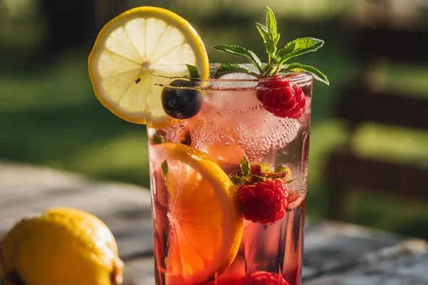 A frosty tall glass filled with vibrant red and orange liquid, bubbles rising, garnished with fresh berries and a lemon slice on a sunny picnic table.