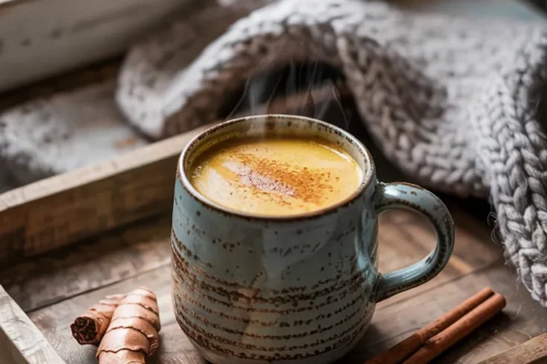 A rustic ceramic mug filled with golden turmeric latte, topped with cinnamon dust, next to a cinnamon stick and turmeric root