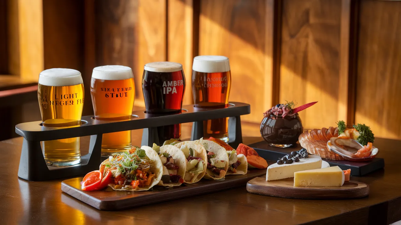 an elegant restaurant table with a carefully arranged beer flight containing four distinct beers (light lager, amber IPA, dark stout, and wheat beer) beside artfully plated food pairings including spicy tacos, chocolate dessert, seafood, and a cheese plate