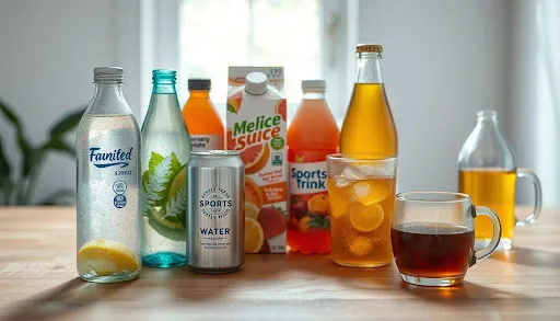 an image of an assortment of beverage containers, with a glass bottle of flavored water, a can of sparkling water, a glass bottle of unsweetened iced tea, a carton of 100% fruit juice and a bottle of sports drink, a glass of plain water and a mug of hot tea
