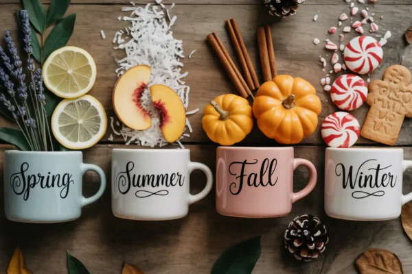 A vibrant flat-lay featuring four cups of coffee labeled for each season—spring, summer, fall, and winter.