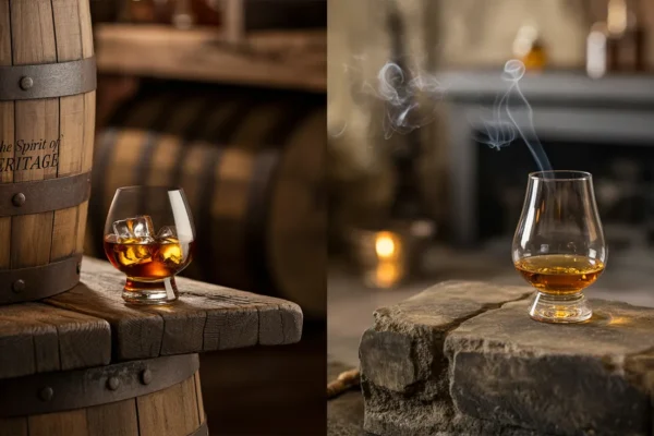 A split-image with a glass of bourbon on a rustic wooden table beside a barrel, and a glass of Scotch resting on a stone hearth with smoky tendrils rising—symbolizing their contrasting profiles and origins.